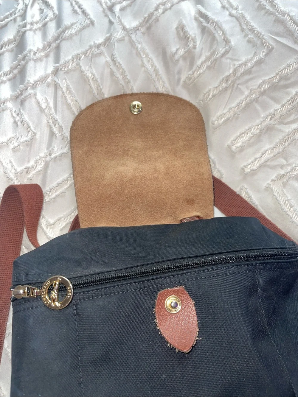Longchamp Black Nylon Mini Backpack with Brown Leather Trim